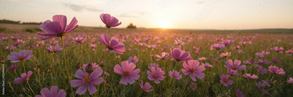 Obraz premium Pink cosmos flowers blooming in a vast field at sunset, plant, flower, background