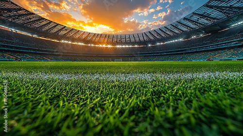 Sunset over a Lush Green Stadium Field