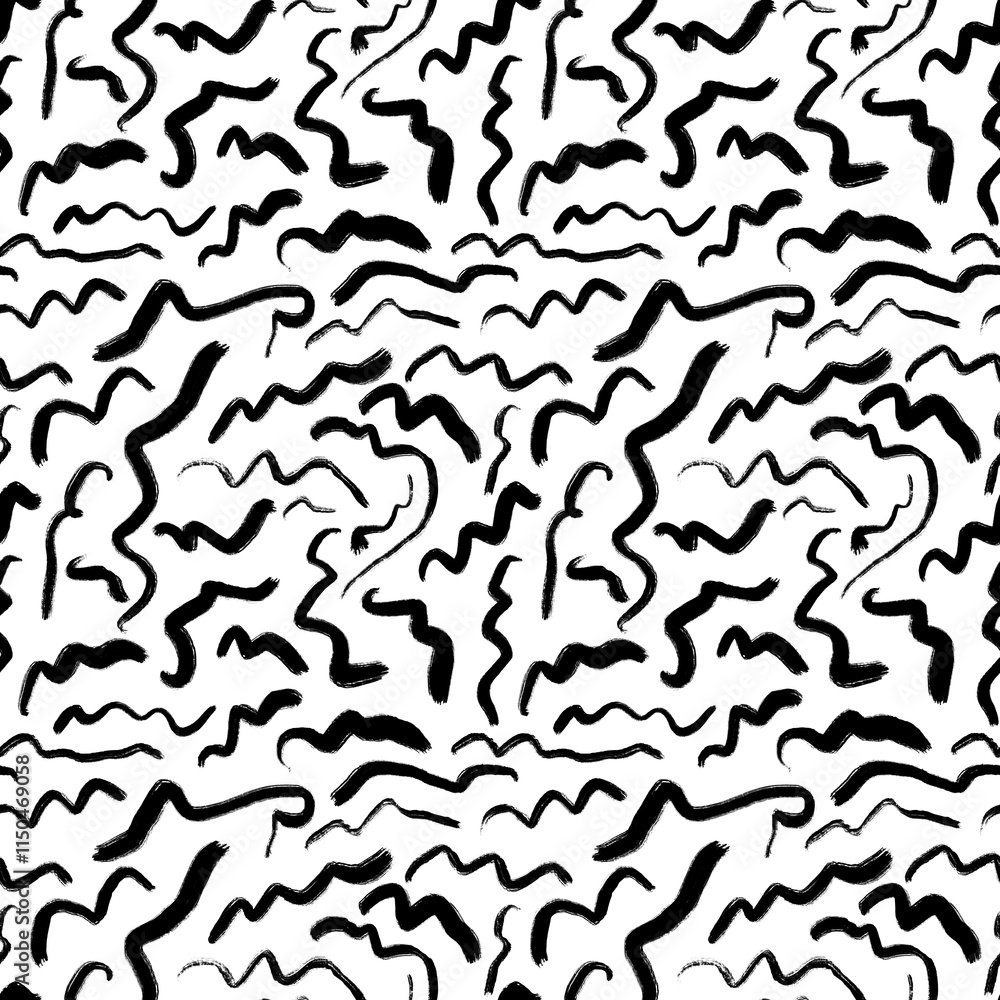 Seamless abstract geometric pattern. Black, white. Illustration. Ethnic elements. Mandala, lines. Brush strokes. Design for textile fabrics, wrapping paper, background, wallpaper, cover. Seamless abstract geometric pattern. Black, white. Illustration. Ethnic elements. Mandala, lines. Brush strokes. Design for textile fabrics, wrapping paper, background, wallpaper, cover.