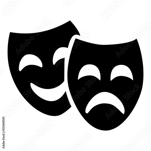 Black and white theatrical masks symbolizing comedy and tragedy on a transparent background.