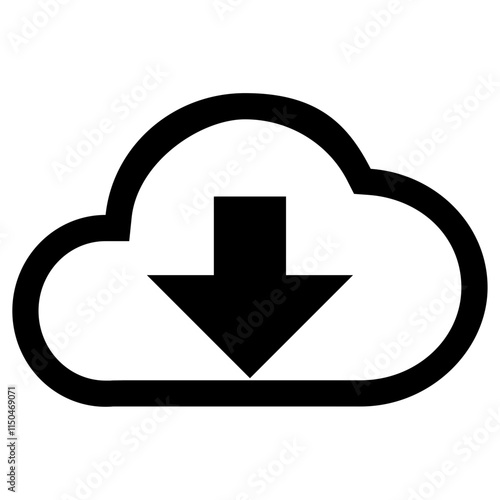 Simple black cloud icon with a downward arrow represents cloud download on a white background.