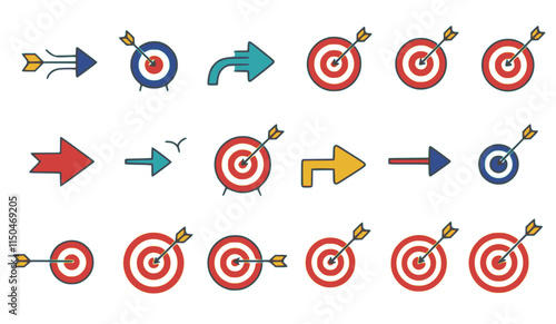Target icon set aim goal business success arrow purpose sign symbol game challenge accuracy efficiency black flat design