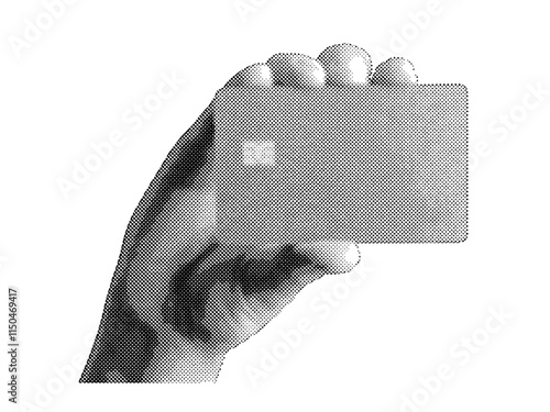 Hand holding a bank card with a chip, symbolizing electronic finance. Retro, vintage grayscale design halftone texture. Vector illustration of wealth, budget, and capital, isolated
