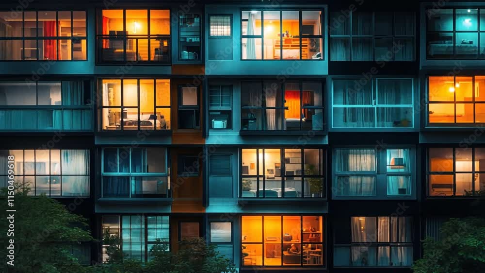 A row of apartment windows at night, with the silhouettes of people visible inside, their lives outlined by glowing lights A row of apartment windows at night, with the silhouettes of people visible inside, their lives outlined by glowing lights