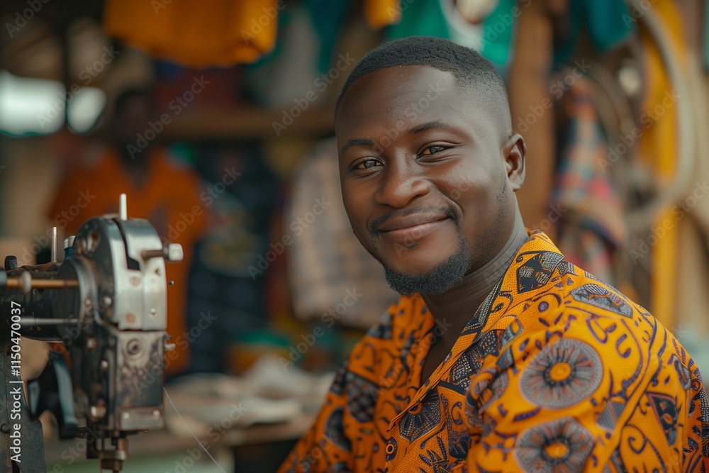 A cheerful tailor smiles while working at his sewing machine in a vibrant market setting. A cheerful tailor smiles while working at his sewing machine in a vibrant market setting.