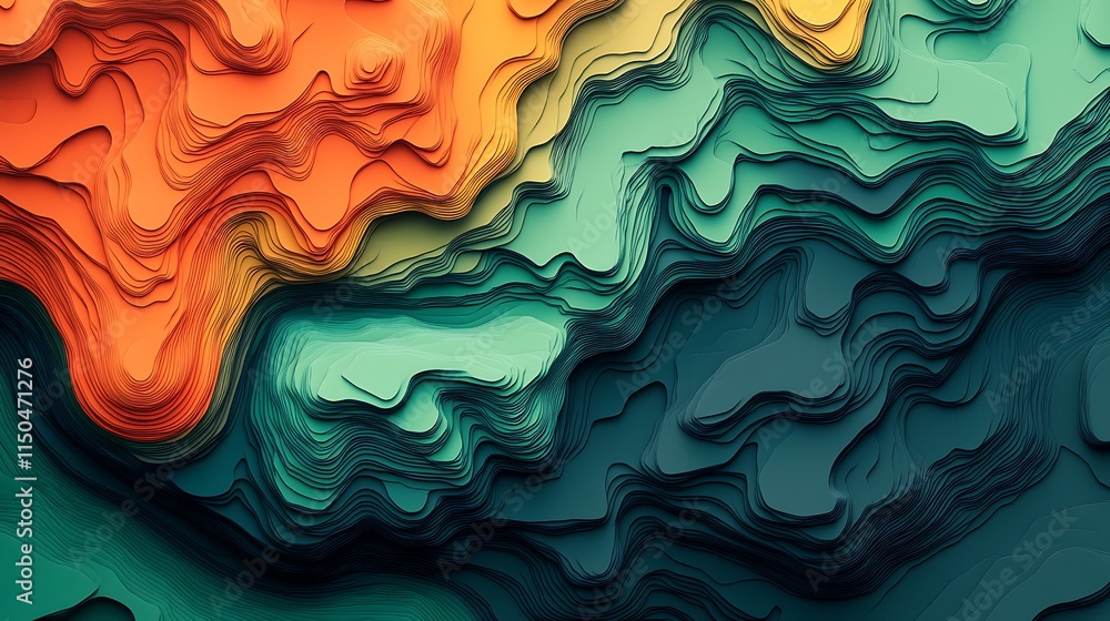 Abstract landscape with vibrant, layered, wavy contours in teal, orange, and yellow hues. Abstract landscape with vibrant, layered, wavy contours in teal, orange, and yellow hues.