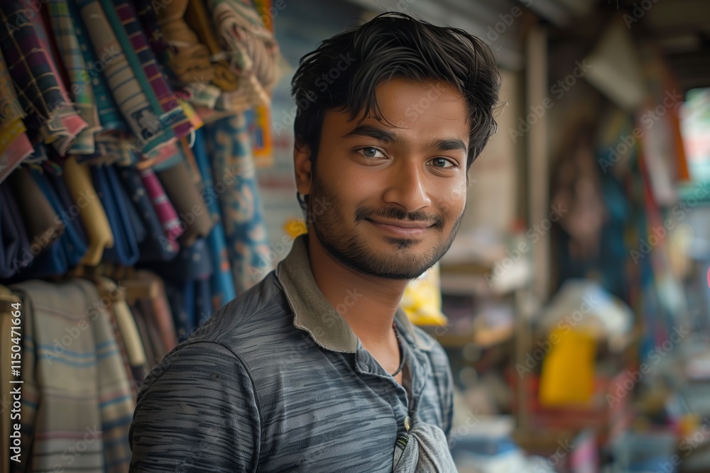 A cheerful young man smiling in a vibrant marketplace filled with colorful fabrics and textiles. A cheerful young man smiling in a vibrant marketplace filled with colorful fabrics and textiles.