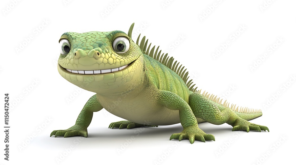 Fototapeta premium A cartoonish green lizard with big eyes sits on a white background.