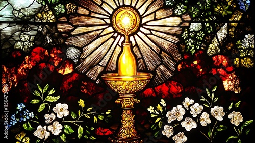 A luminous stained glass depiction of a priest anointing with holy oil, the golden vessel glowing amidst olive branches, healing rays, and intricate celestial motifs,