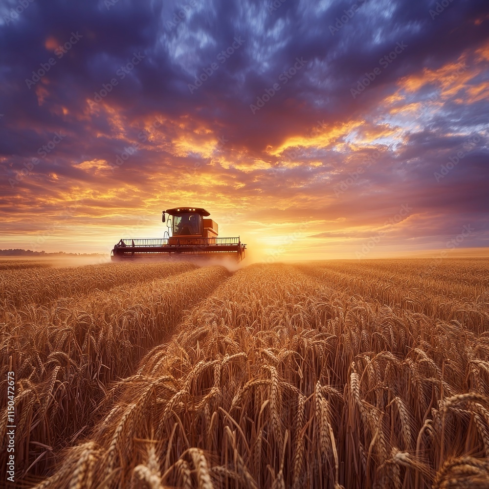 Fototapeta premium Harvesting Wheat at Sunset With a Combine Harvester in a Golden Field Under Dramatic Skies