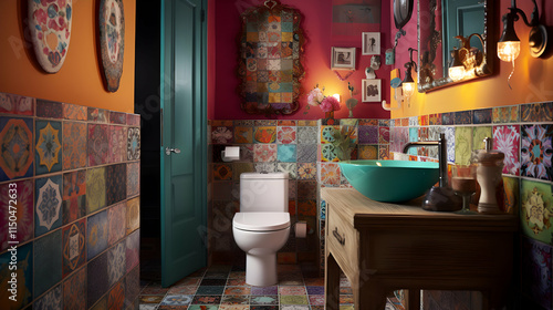 Vibrantly Decorated Bathroom Featuring Colorful Tiles and Unique Design Elements