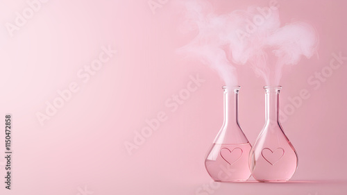 Glass Flask with Hearts and Smoke on Minimal Pink Background – Romantic Love Potion Design for Valentine's Day Themes