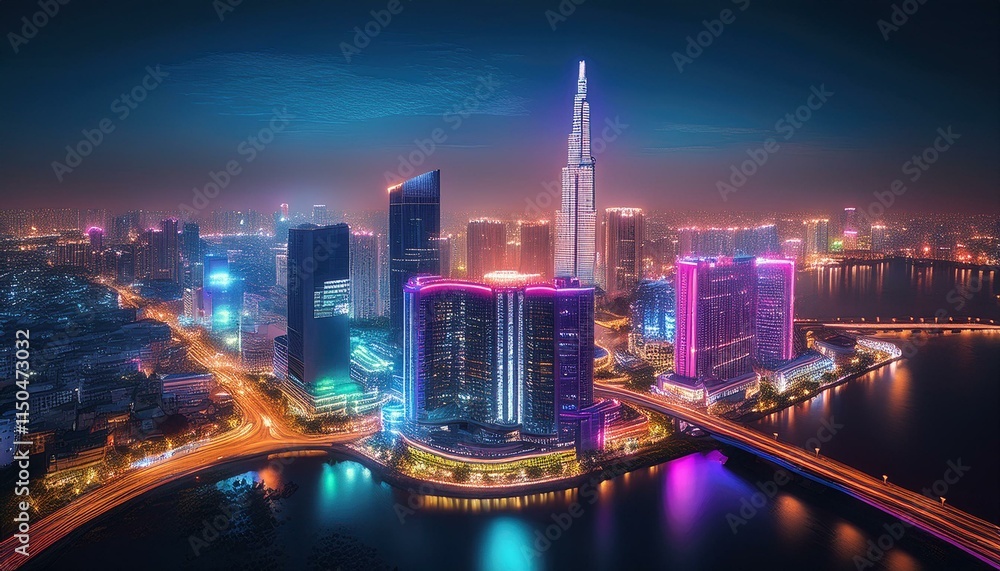 Fototapeta premium Generated image Aerial perspective of Chi Minh City’s skyline at night with its glowing skyscrapers