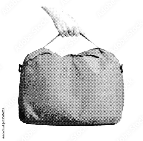 Hand holding a laptop bag or briefcase. Retro, vintage grayscale design with halftone and dotted texture, symbolizing business and work. Vector illustration isolated on white