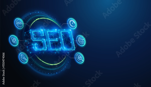 Abstract illustration of low poly SEO with search engines optimization lineart icons. Geometric background depicting advertising, marketing, web site development technology concept by wireframe mesh