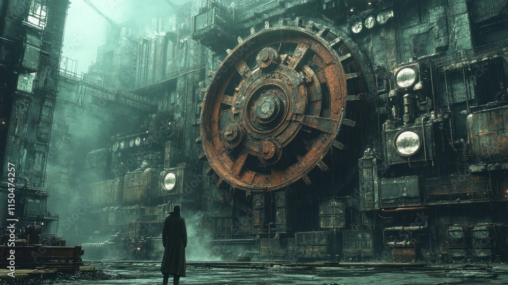 Fototapeta premium A solitary figure stands before a massive, rusted industrial gear in a misty environment.