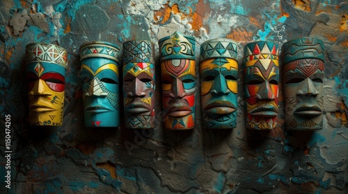 A collection of eight colorful wooden tribal masks showcases intricate designs and craftsmanship photo