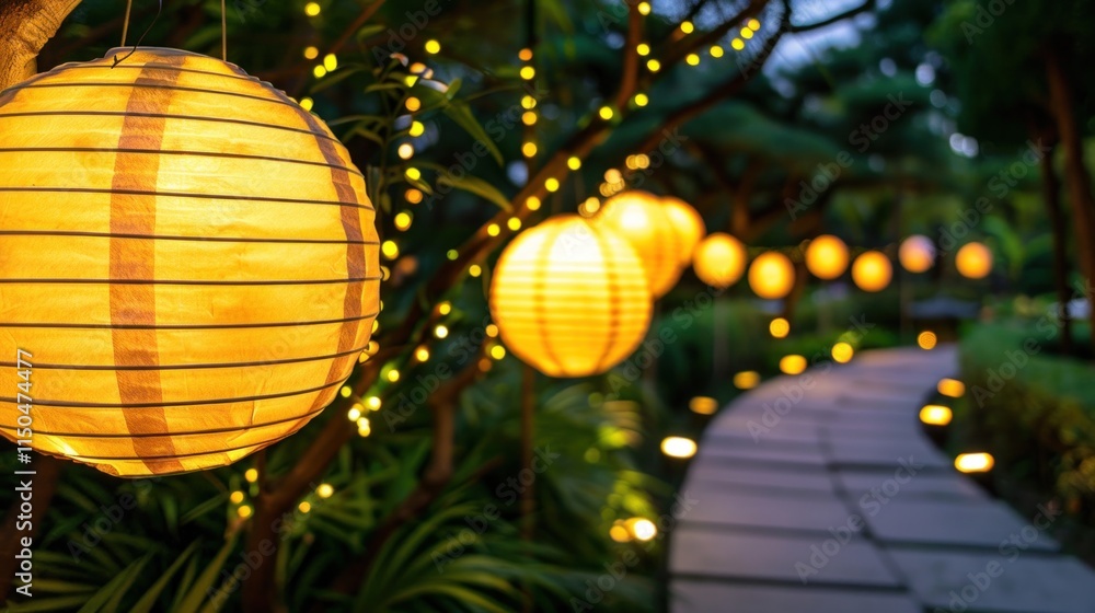 Fototapeta premium Warm golden lanterns line the garden path, creating a serene and inviting nighttime atmosphere