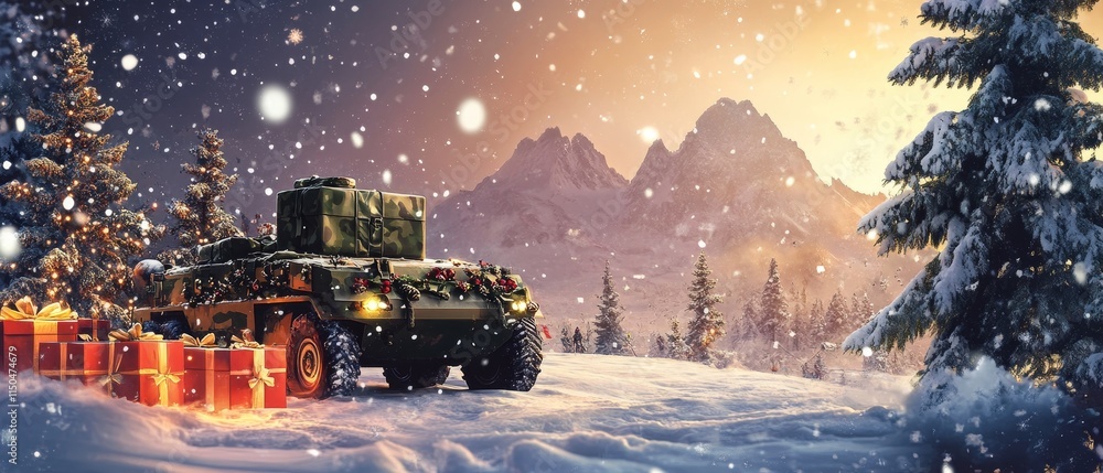 Military Vehicle Decorated for the Holidays Surrounded by Snow and Mountains During a Winter Evening Military Vehicle Decorated for the Holidays Surrounded by Snow and Mountains During a Winter Evening