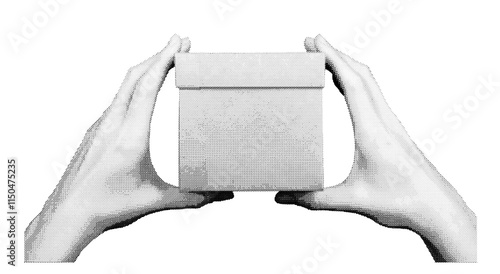 Hand holding a small closed cardboard gift box. Simple, festive parcel for delivery or a surprise, designed with halftone. Vector illustration isolated on white background.