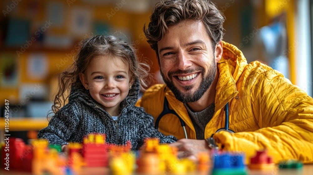 Joyful Parent and Child Playing with Colorful Building Blocks Together Joyful Parent and Child Playing with Colorful Building Blocks Together