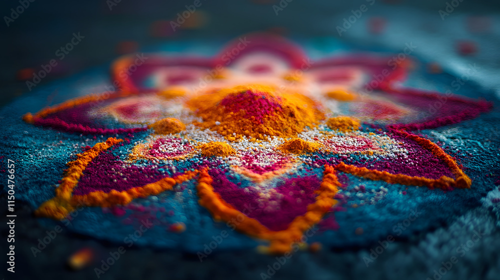 Obraz premium A serene image of colorful powders forming a circular pattern on a traditional rangoli design.