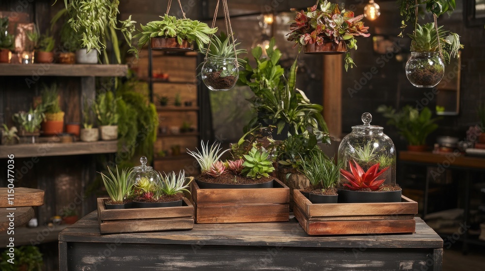 Rustic wooden crates display diverse succulents and air plants in a plant shop. Rustic wooden crates display diverse succulents and air plants in a plant shop.