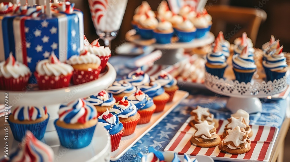 A table setup with cupcakes and cookies themed in red, white, and blue for Presidents' Day. A table setup with cupcakes and cookies themed in red, white, and blue for Presidents' Day.