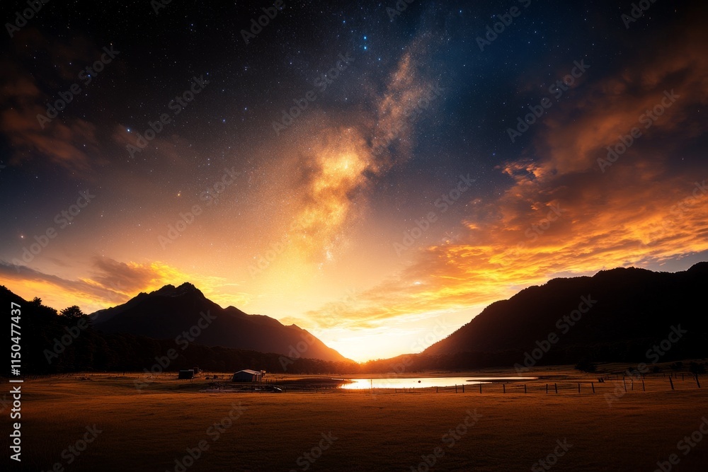 Fototapeta premium Breathtaking sunset over mountains and reflecting lake in a serene landscape