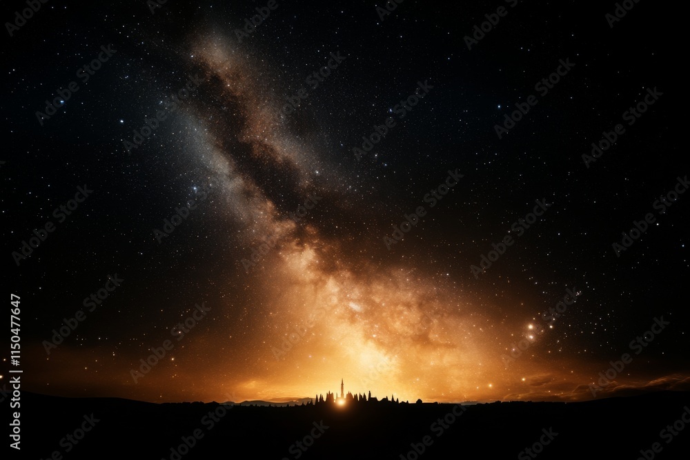 Cosmic view of a galaxy illuminating the night sky over distant mountains Cosmic view of a galaxy illuminating the night sky over distant mountains