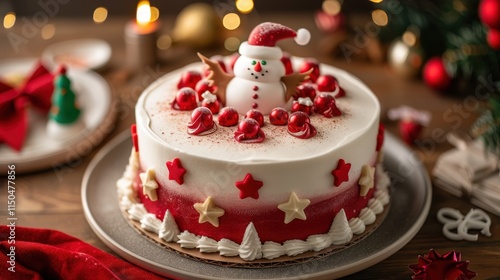 Wallpaper Mural Snowman Christmas Cake: A festive, snowy white Christmas cake with red berries and a snowman topper, perfect for holiday celebrations.   Torontodigital.ca