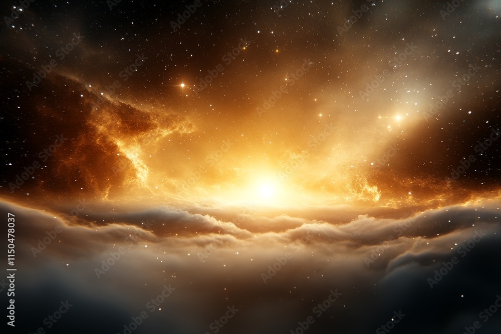 Naklejka premium Vibrant cosmic sunrise over misty clouds illuminating the dark sky with starry brilliance