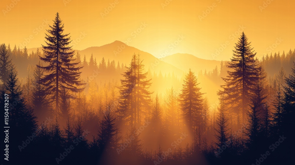 Serene Sunrise over Misty Forest with Silhouetted Trees Serene Sunrise over Misty Forest with Silhouetted Trees