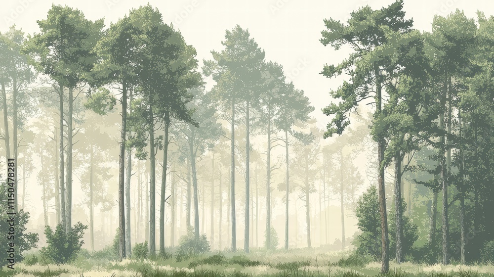 Obraz premium Serene Forest Landscape with Lush Green Trees and Soft Fog