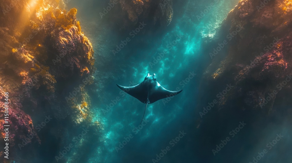 Fototapeta premium Manta ray swimming in vibrant ocean cave.
