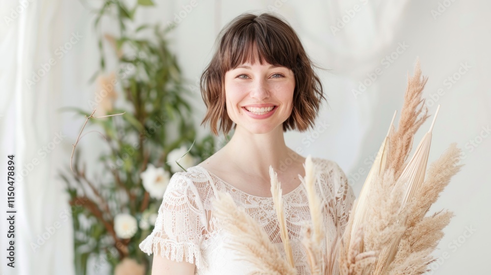 Woman with short hair smiles while holding a bouquet of pampas grass in a bright space Woman with short hair smiles while holding a bouquet of pampas grass in a bright space