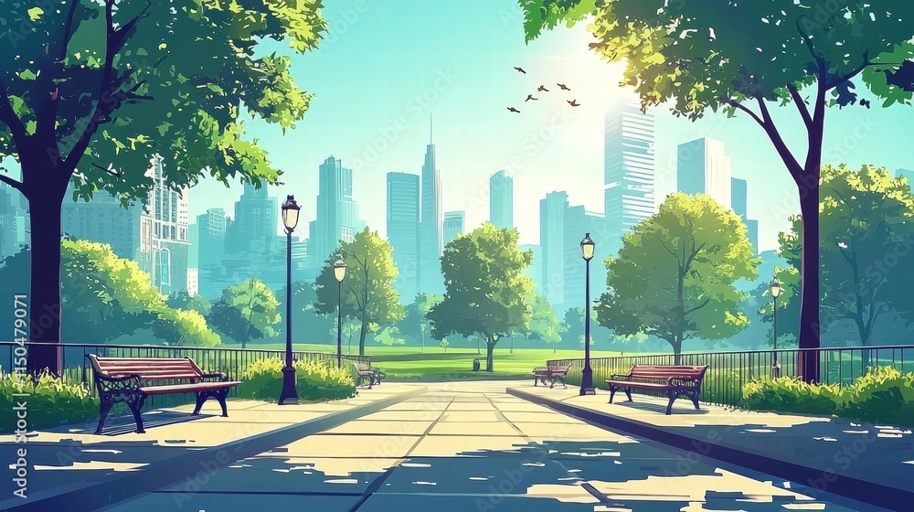 Obraz premium Tranquil Urban Park Scene with Greenery and City Skyline View