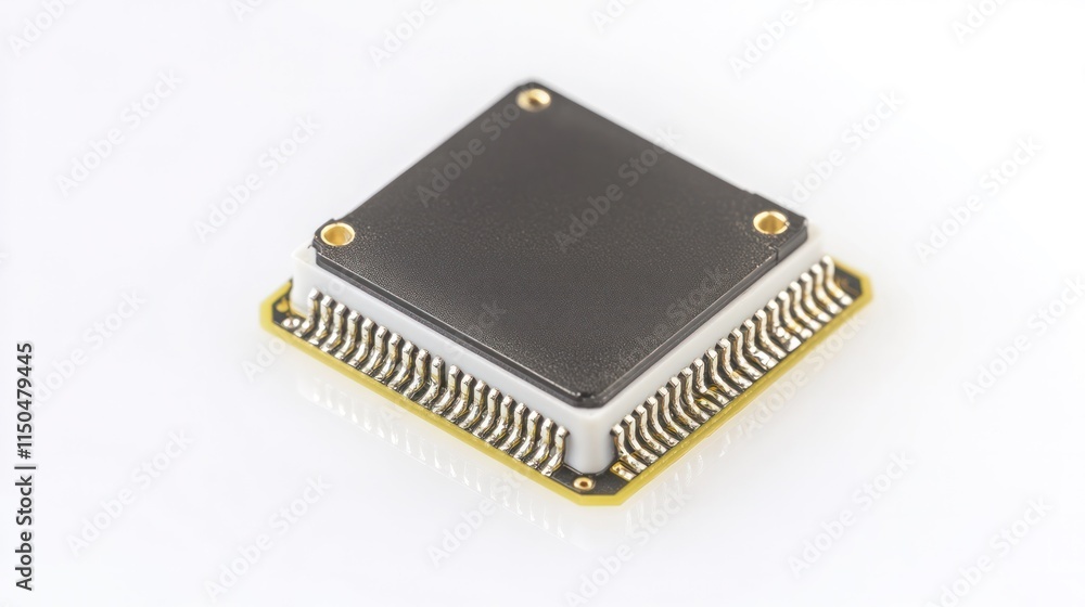 Close-up of a microchip with detailed intricate circuitry on a clean surface, representing advanced technology and innovation in electronics. Close-up of a microchip with detailed intricate circuitry on a clean surface, representing advanced technology and innovation in electronics.