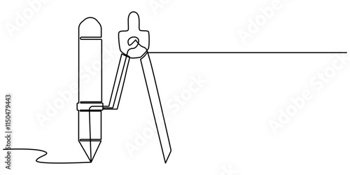 Continuous one line of drawing compass in silhouette on a white background. Linear stylized.Minimalist, Single continuous line drawing of springbow compass for drawing circle. Back to school minimalis