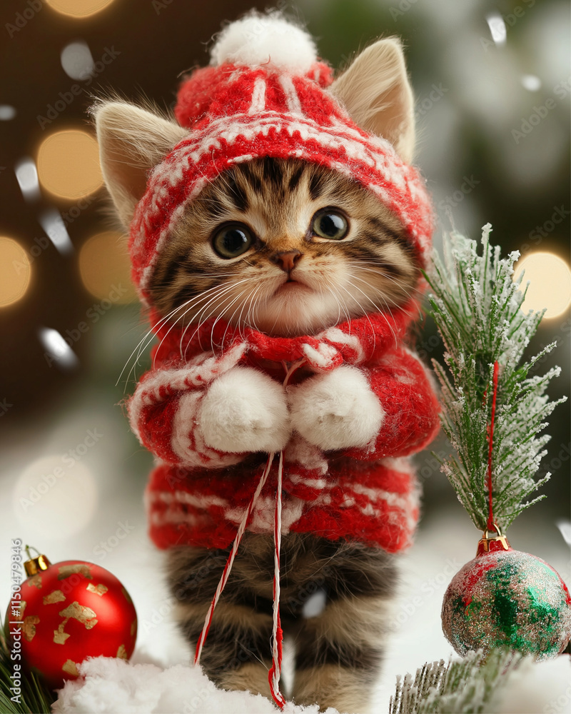 An adorable kitten in a winter outfit, looking playful and cute. An adorable kitten in a winter outfit, looking playful and cute.