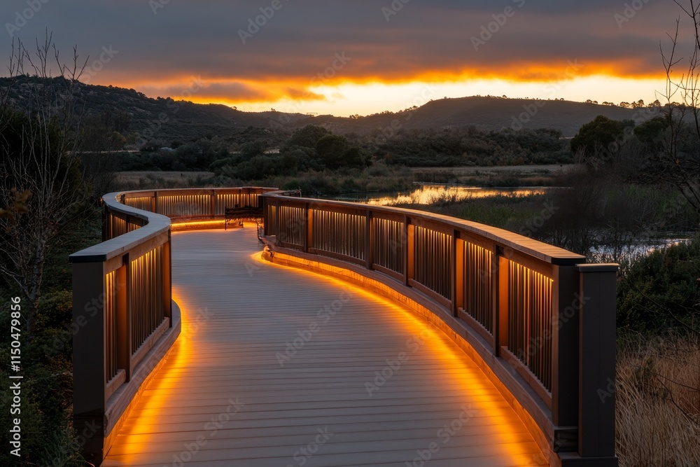 Serene wooden walkway illuminated at sunset near a tranquil marshland in a scenic outdoor park Serene wooden walkway illuminated at sunset near a tranquil marshland in a scenic outdoor park