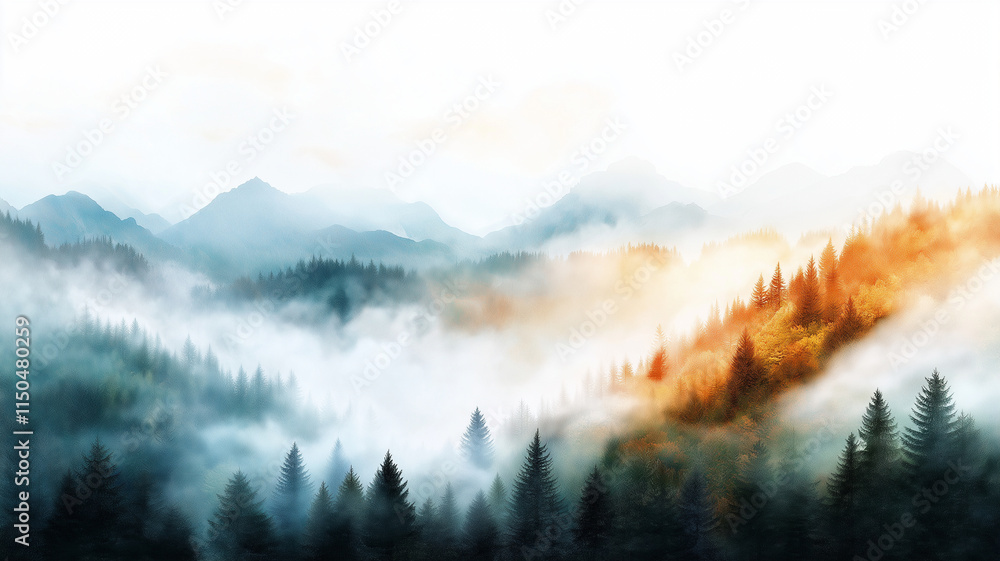 Fototapeta premium Majestic mountains and misty forests at sunrise