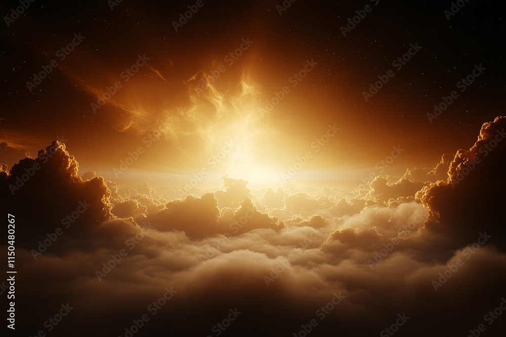 Fototapeta premium Golden sunrise illuminating clouds above a tranquil landscape at dawn