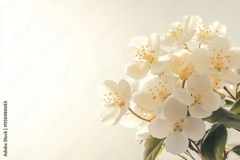 Fototapeta premium White flowers bloom beautifully in soft sunlight highlighting their delicate petals and fresh green leaves
