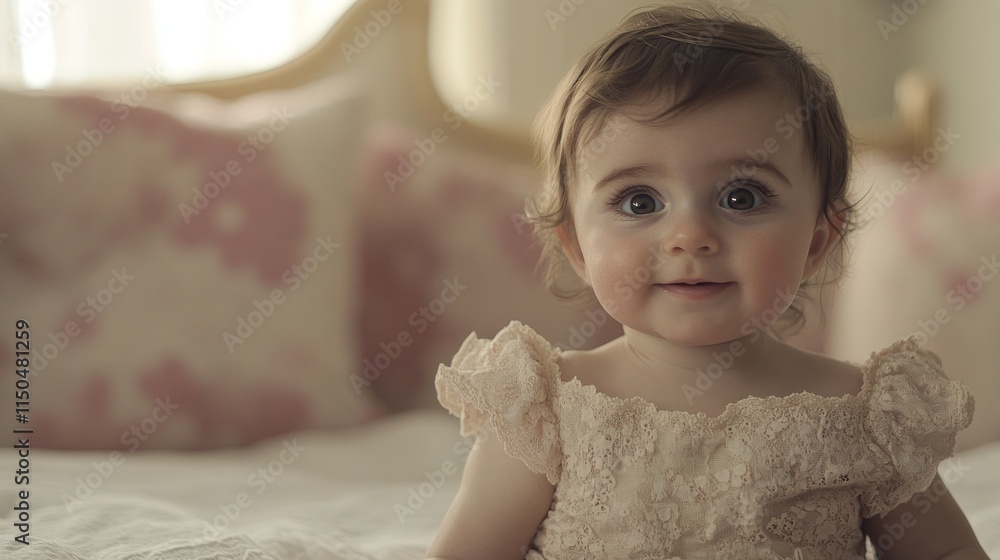 Adorable baby girl sitting on bed, smiling at camera. Adorable baby girl sitting on bed, smiling at camera.