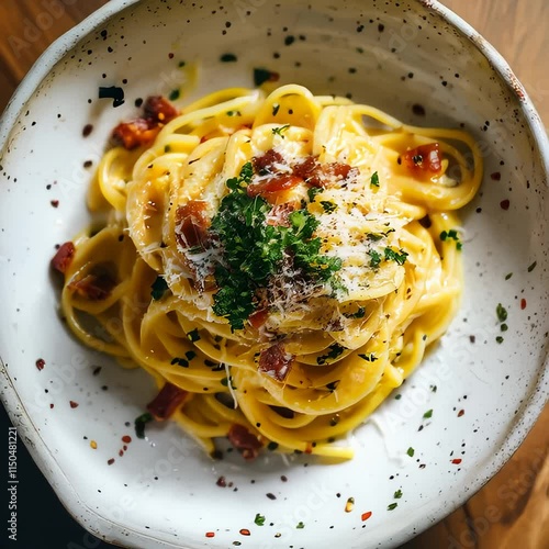 Creamy carbonara pasta served in a bowl, top view composition, with ingredients such as bacon and parmesan, on a plain white background.
