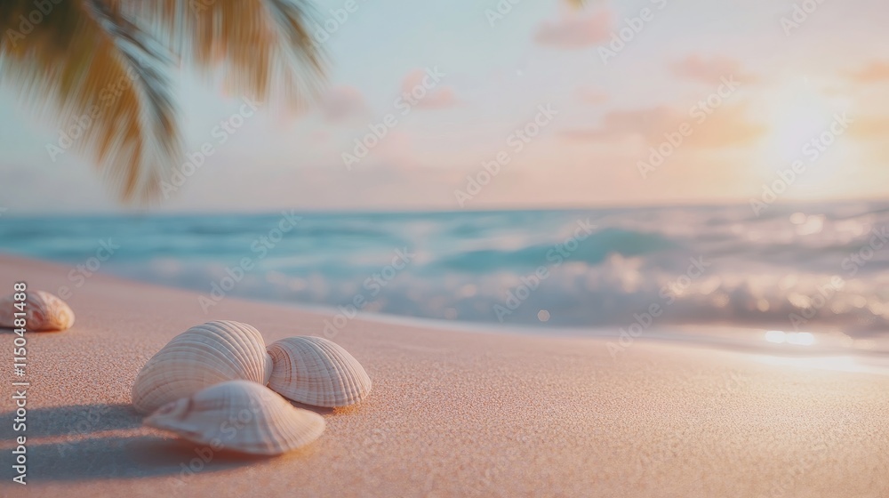 Obraz premium Seashells on Sandy Beach During Sunset With Gentle Waves Crashing in the Background in a Tranquil Tropical Setting