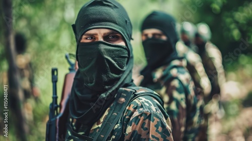 Group of armed individuals in tactical gear standing in a desolate landscape, embodying rebellion and unyielding spirit. photo