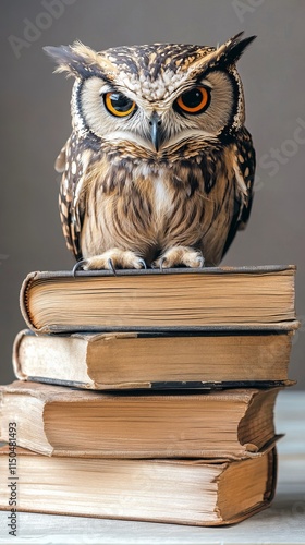 Wallpaper Mural An owl perched on a pile of old books in a library, symbolizing wisdom and education. Ideal for academic, literary, and knowledge-themed designs. Torontodigital.ca