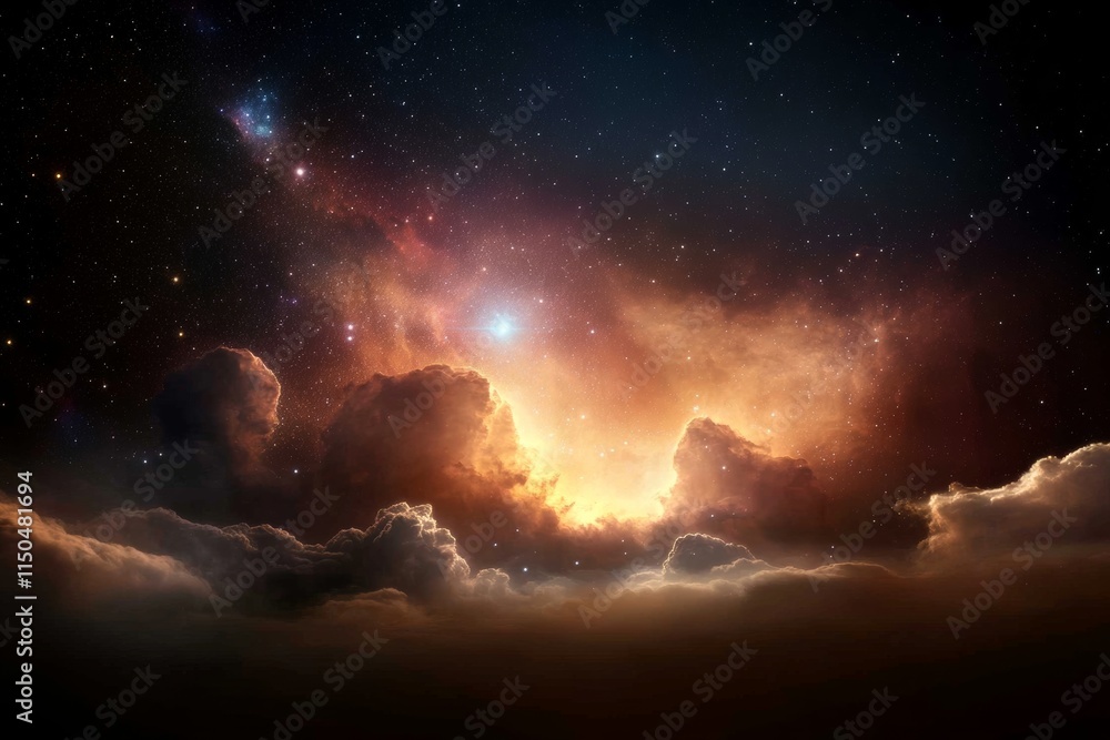 Fototapeta premium Celestial clouds illuminated by a vibrant cosmic explosion in deep space at night
